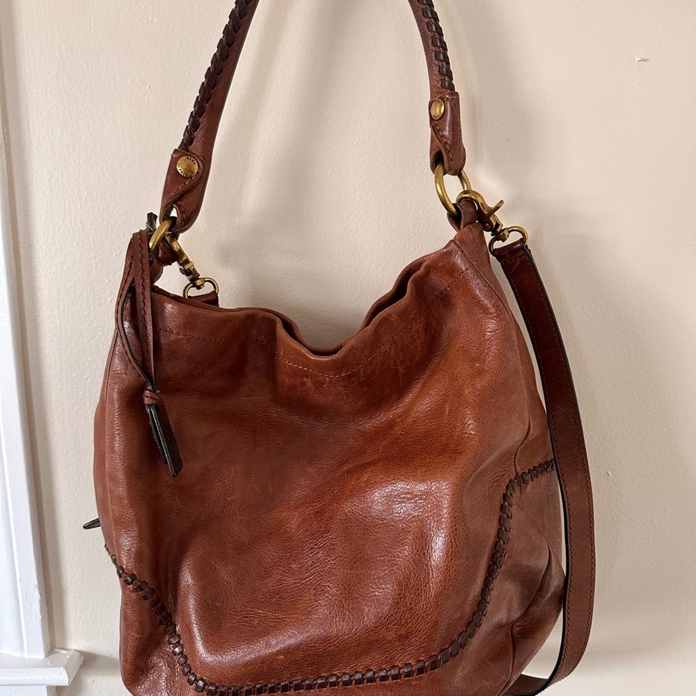 Frye Melissa Whipstitch Classic Brown Leather Hobo Bag - Women's Shoulder Bag